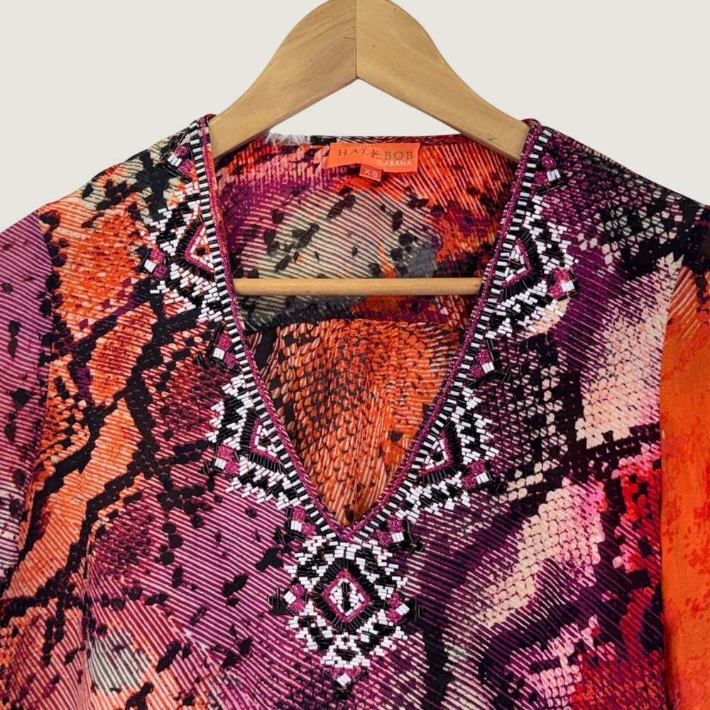 Hale Bob Cabana 100% Silk Blouse XS Orange Purple Snake Print Beaded Boho V-Neck